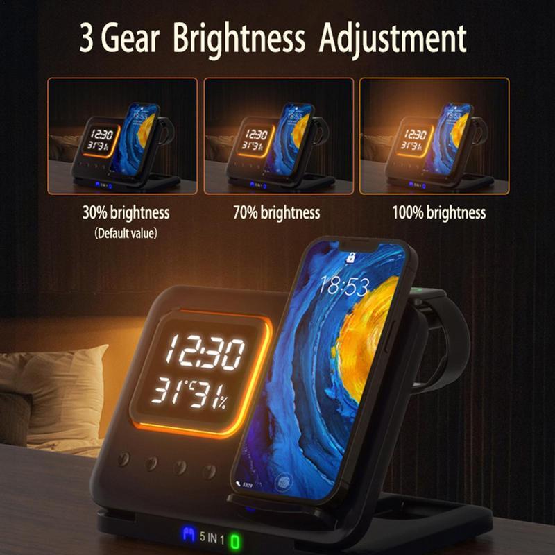 5-in-1 Wireless Charging Station with LED Alarm Clock – 15W Fast Charging Dock for Phone, Watch & Earbuds