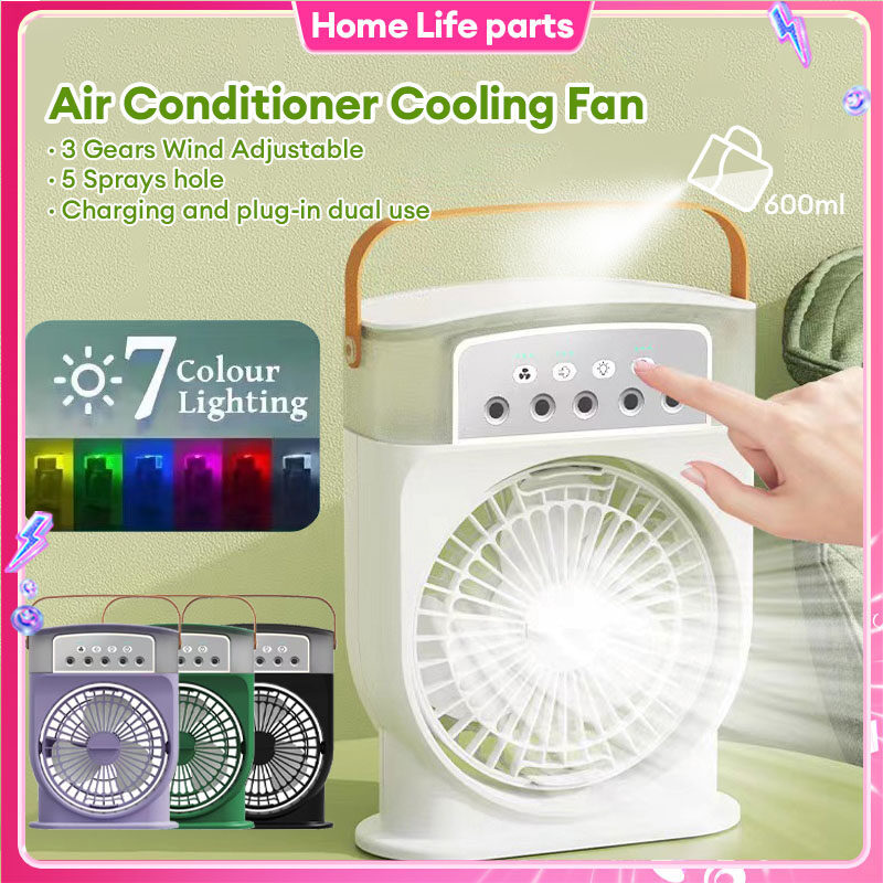 Portable USB Air Conditioner Cooling Fan with Mist Spray, 7 Color LED Lights & 600ML Water Tank