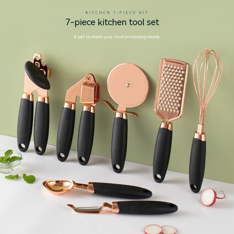 7-Piece Rose Gold Kitchen Tool Set – Copper Plated Stainless Steel Peeler & Gadgets