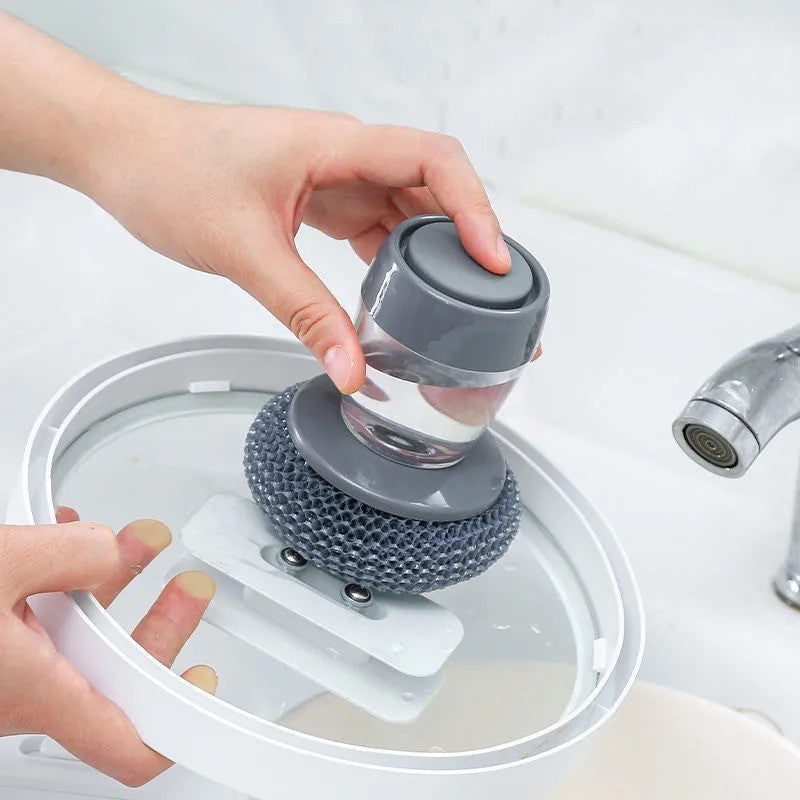 Soap Dispensing Palm Brush – Push-Type Kitchen Scrubber with Built-In Detergent Dispenser