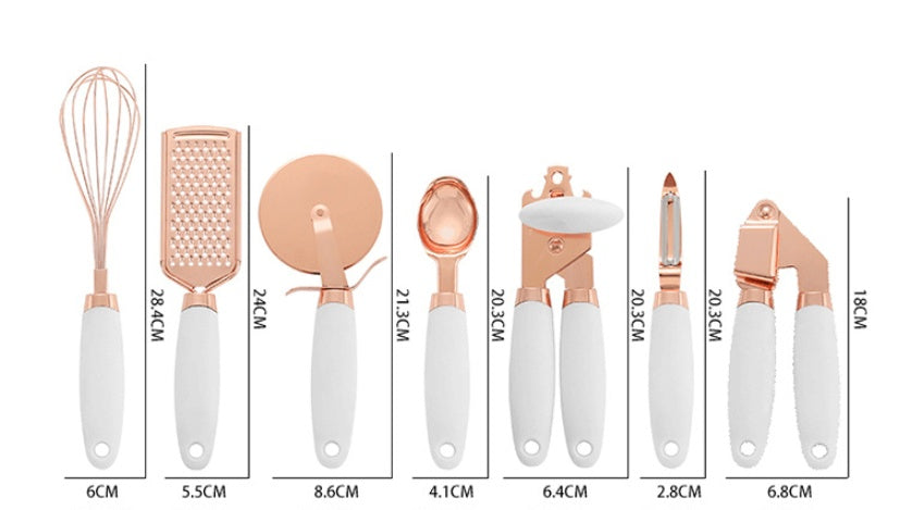 7-Piece Rose Gold Kitchen Tool Set – Copper Plated Stainless Steel Peeler & Gadgets
