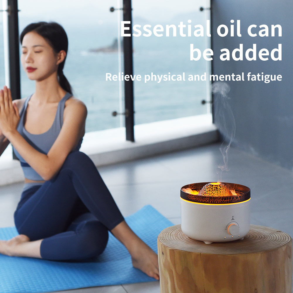 Simulated Flame Volcano Humidifier – Silent Aroma Diffuser with Remote & Timer