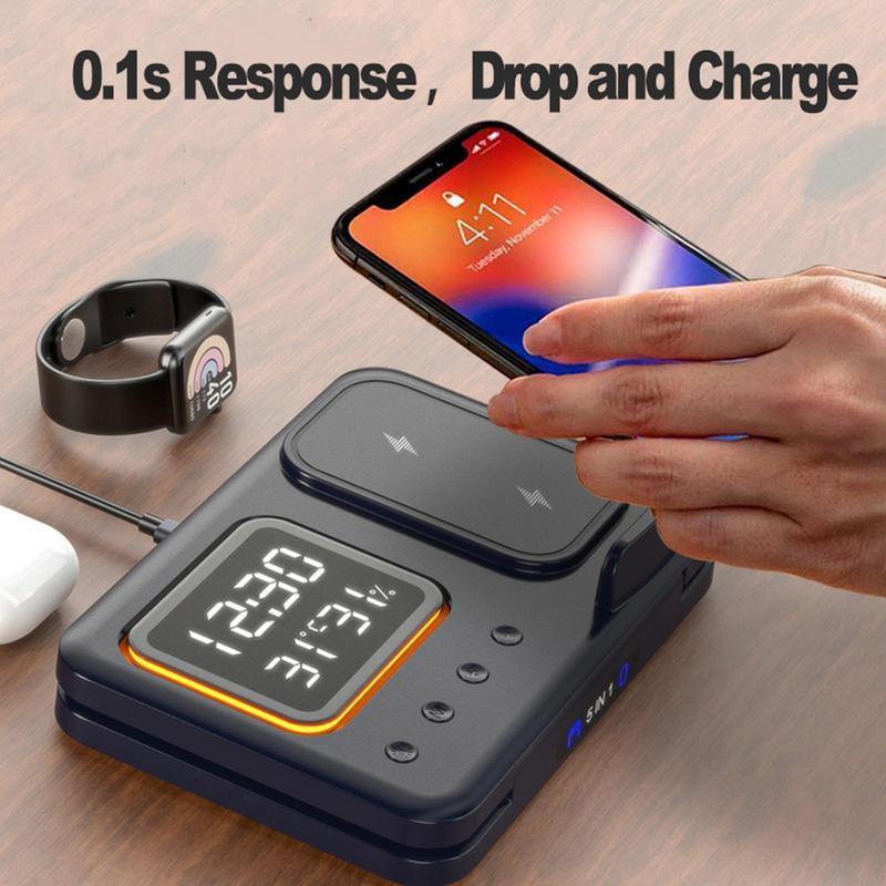 5-in-1 Wireless Charging Station with LED Alarm Clock – 15W Fast Charging Dock for Phone, Watch & Earbuds