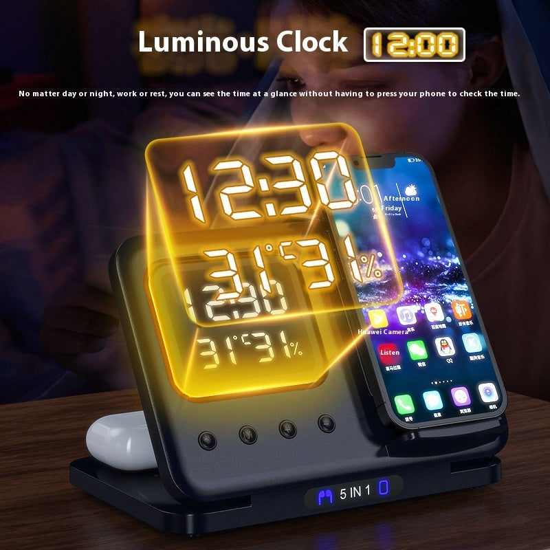 5-in-1 Wireless Charging Station with LED Alarm Clock – 15W Fast Charging Dock for Phone, Watch & Earbuds