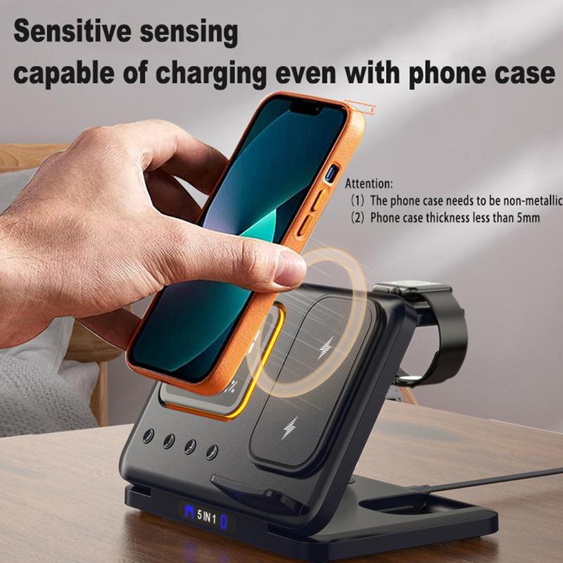 5-in-1 Wireless Charging Station with LED Alarm Clock – 15W Fast Charging Dock for Phone, Watch & Earbuds