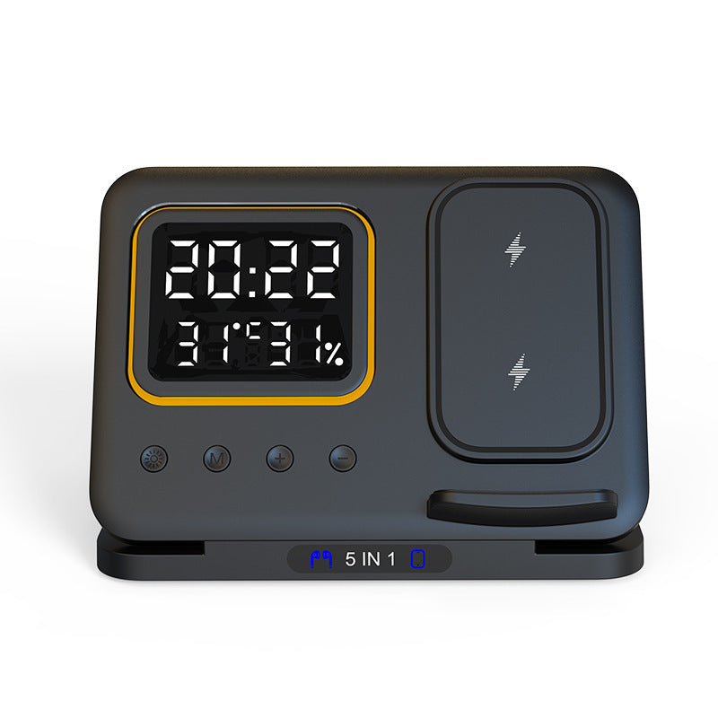 5-in-1 Wireless Charging Station with LED Alarm Clock – 15W Fast Charging Dock for Phone, Watch & Earbuds