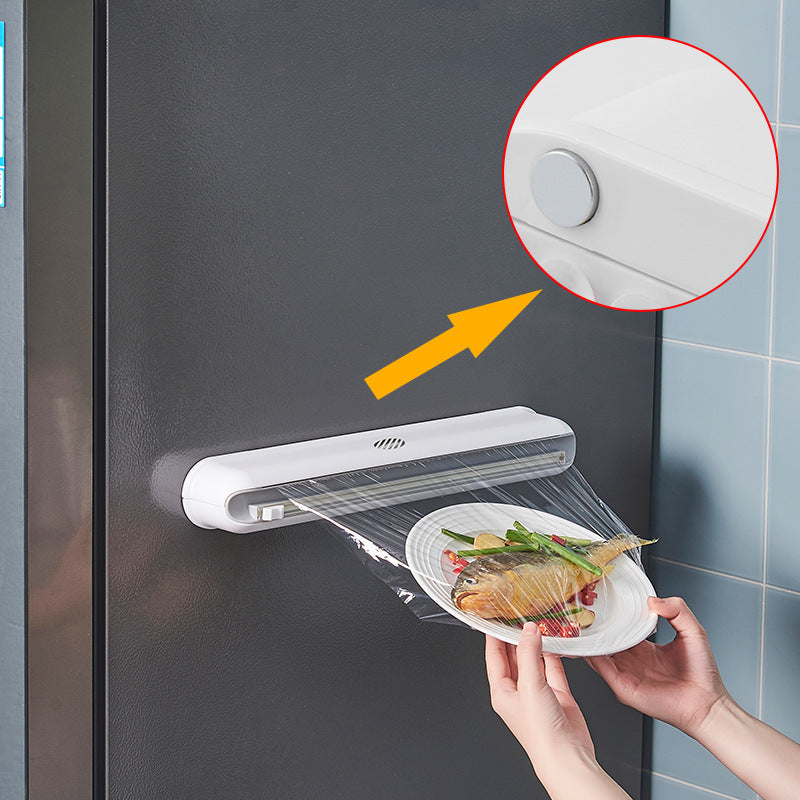 Cling Film Suction Cup Wall-Mounted Box with Adjustable Cutter | Kitchen Storage Organizer with Free Plastic Wrap