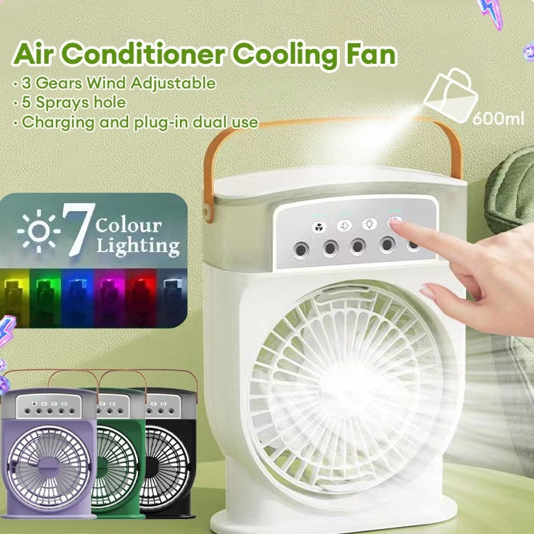 Portable USB Air Conditioner Cooling Fan with Mist Spray, 7 Color LED Lights & 600ML Water Tank