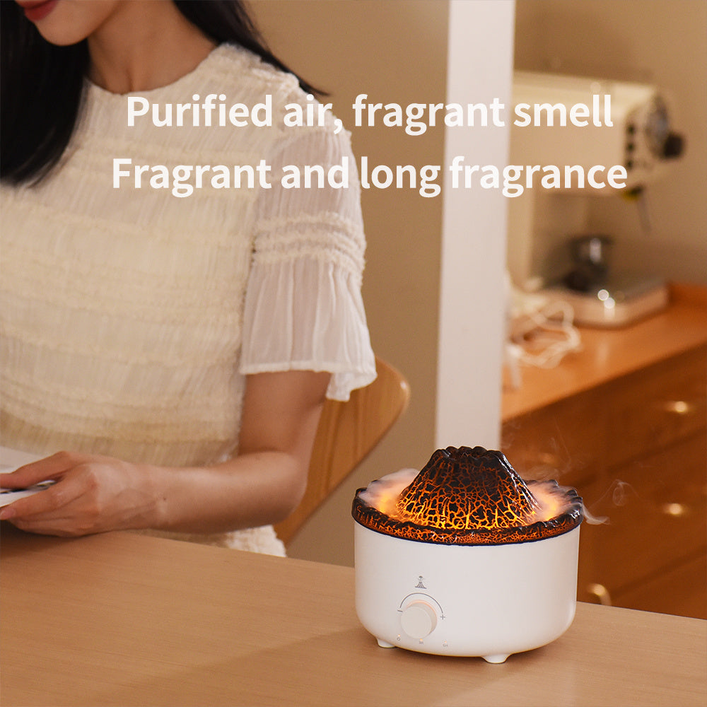 Simulated Flame Volcano Humidifier – Silent Aroma Diffuser with Remote & Timer
