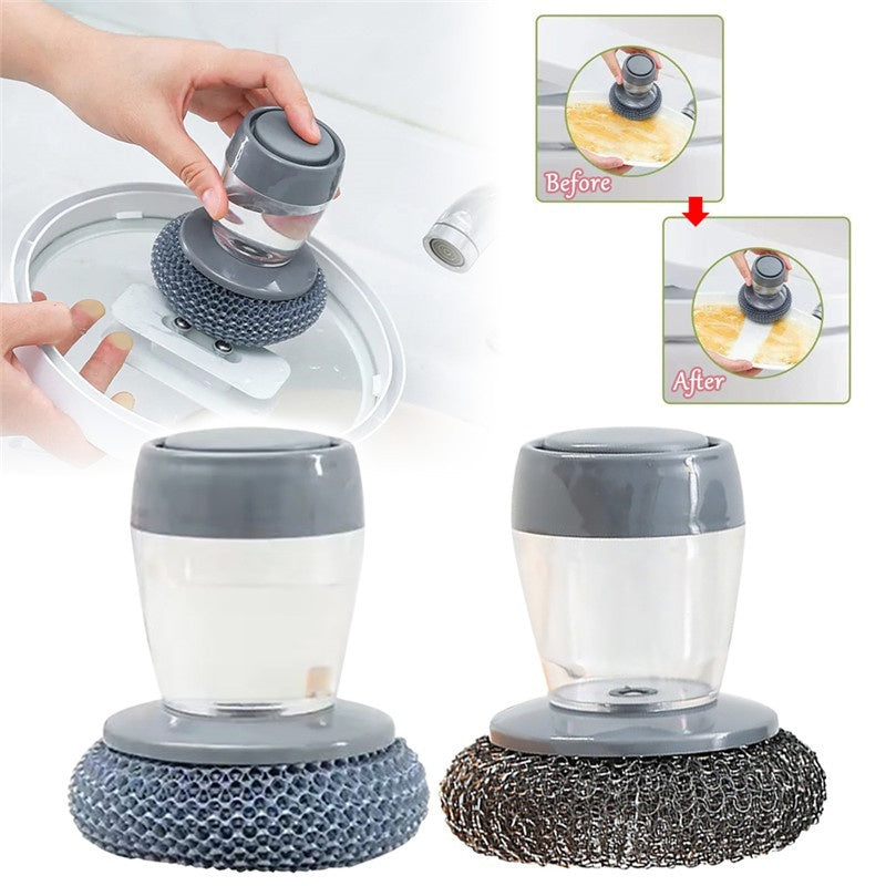 Soap Dispensing Palm Brush – Push-Type Kitchen Scrubber with Built-In Detergent Dispenser