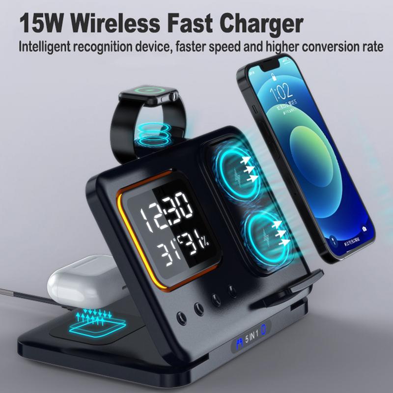 5-in-1 Wireless Charging Station with LED Alarm Clock – 15W Fast Charging Dock for Phone, Watch & Earbuds