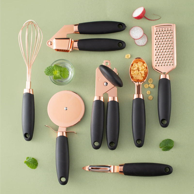 7-Piece Rose Gold Kitchen Tool Set – Copper Plated Stainless Steel Peeler & Gadgets