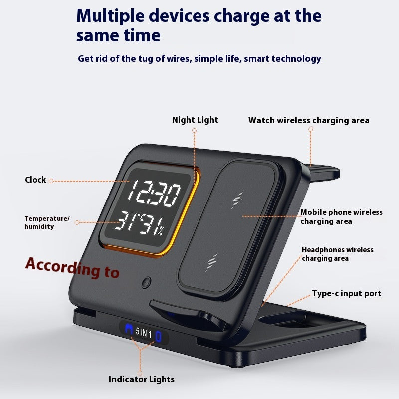 5-in-1 Wireless Charging Station with LED Alarm Clock – 15W Fast Charging Dock for Phone, Watch & Earbuds