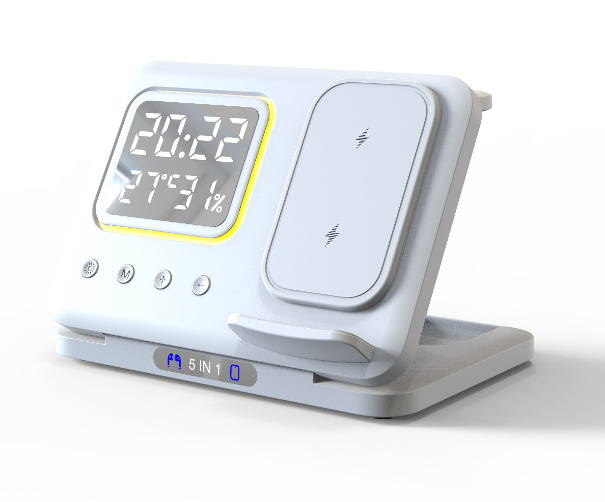 5-in-1 Wireless Charging Station with LED Alarm Clock – 15W Fast Charging Dock for Phone, Watch & Earbuds