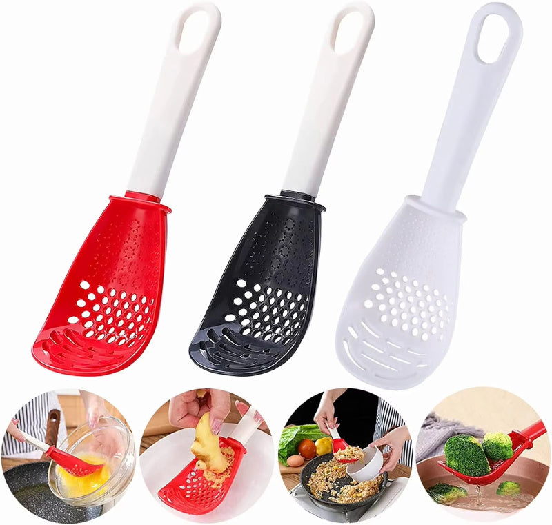 Multifunctional Slotted Cooking Spoon – Garlic Press, Masher & Stirring Spatula in One