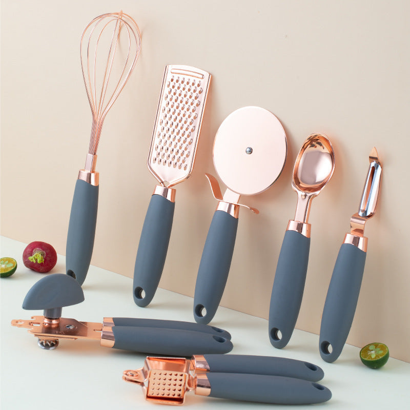 7-Piece Rose Gold Kitchen Tool Set – Copper Plated Stainless Steel Peeler & Gadgets