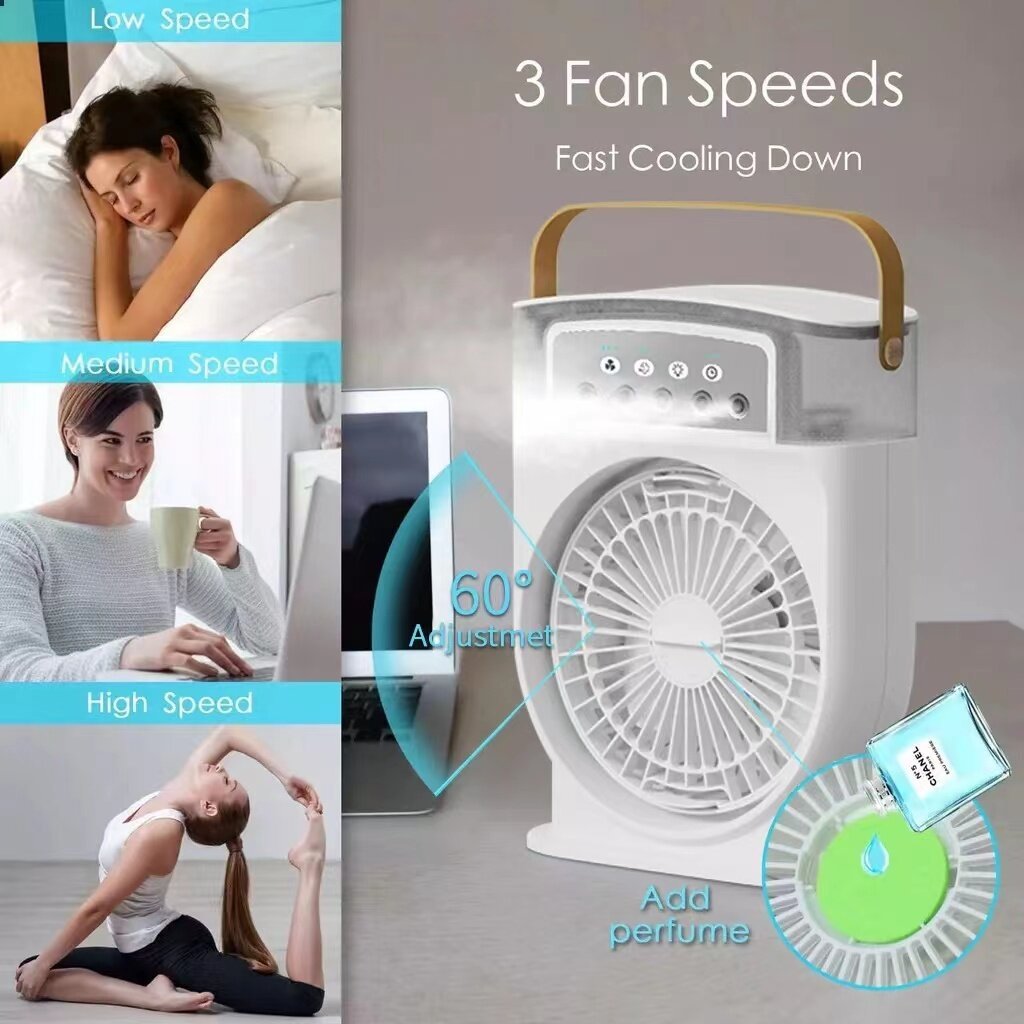 Portable USB Air Conditioner Cooling Fan with Mist Spray, 7 Color LED Lights & 600ML Water Tank