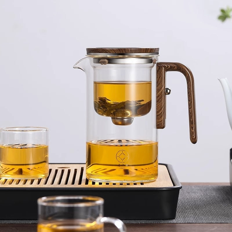 One-Click Magnetic Glass Teapot with Wooden Handle – Tea Water Separation Teapot, 500ml / 700ml