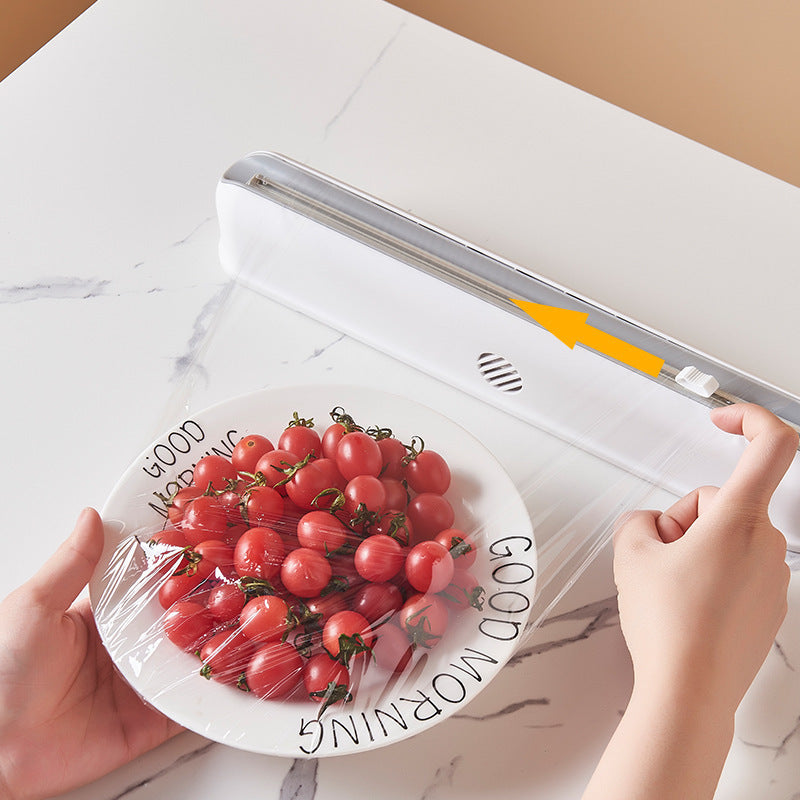 Cling Film Suction Cup Wall-Mounted Box with Adjustable Cutter | Kitchen Storage Organizer with Free Plastic Wrap
