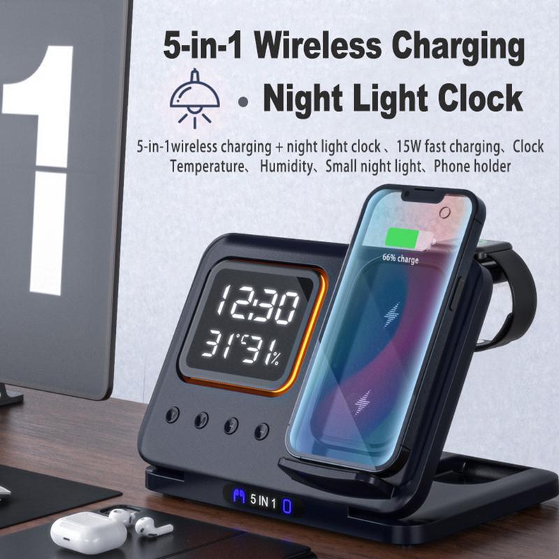 5-in-1 Wireless Charging Station with LED Alarm Clock – 15W Fast Charging Dock for Phone, Watch & Earbuds