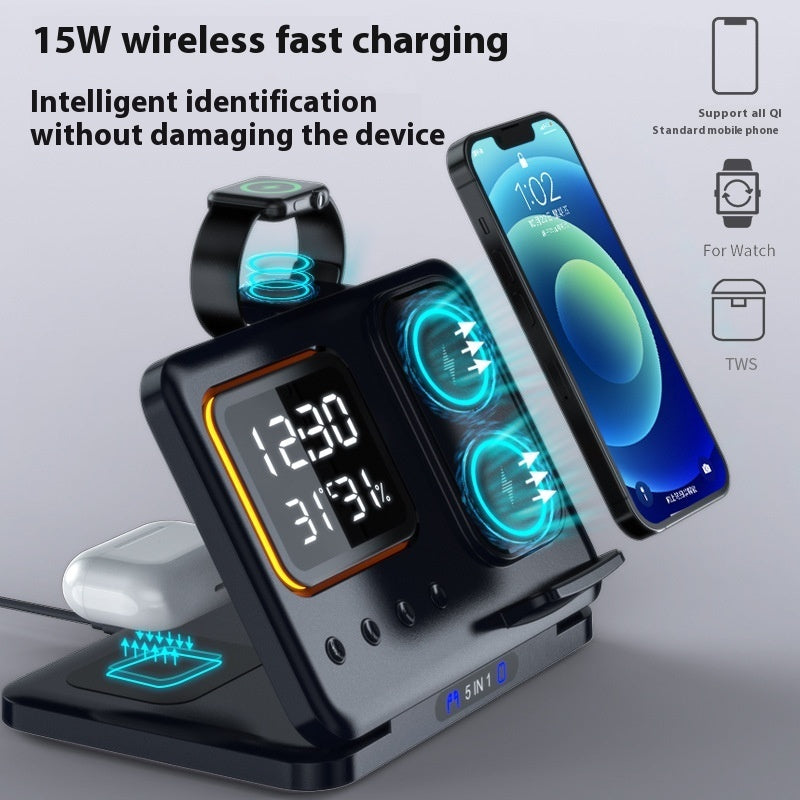 5-in-1 Wireless Charging Station with LED Alarm Clock – 15W Fast Charging Dock for Phone, Watch & Earbuds