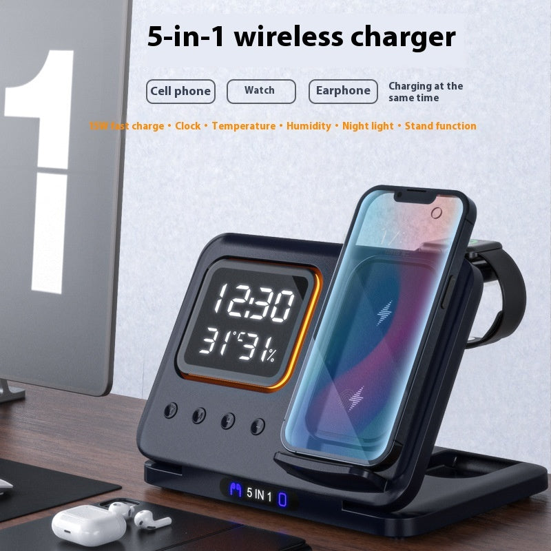 5-in-1 Wireless Charging Station with LED Alarm Clock – 15W Fast Charging Dock for Phone, Watch & Earbuds