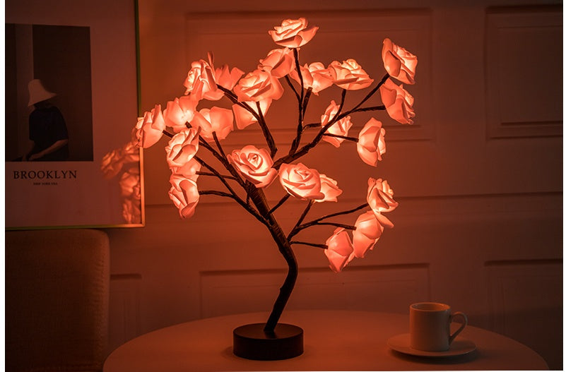 Rose Flower LED Table Lamp – USB & Battery Powered Night Light Tree for Bedroom & Home Decor
