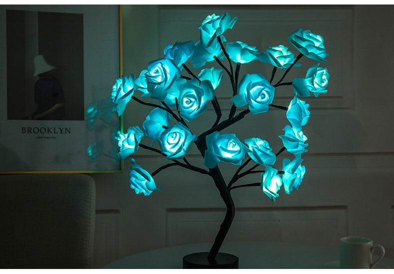 Rose Flower LED Table Lamp – USB & Battery Powered Night Light Tree for Bedroom & Home Decor