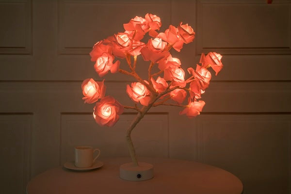 Rose Flower LED Table Lamp – USB & Battery Powered Night Light Tree for Bedroom & Home Decor