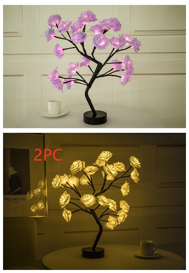 Rose Flower LED Table Lamp – USB & Battery Powered Night Light Tree for Bedroom & Home Decor