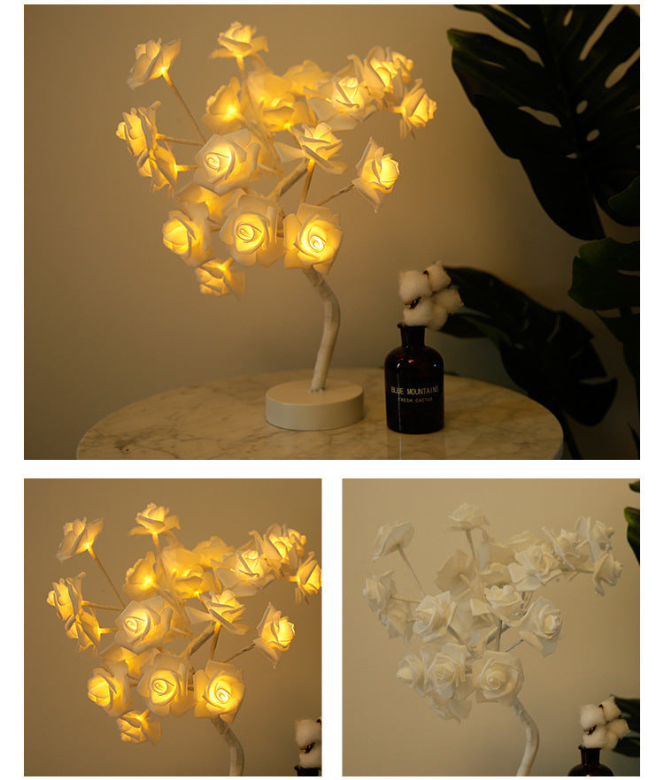 Rose Flower LED Table Lamp – USB & Battery Powered Night Light Tree for Bedroom & Home Decor