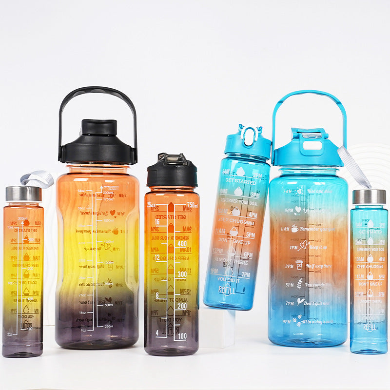 3-in-1 Gradient Color Motivational Water Bottles Set – 64oz/32oz/15oz BPA-Free Sports Bottles with Straw & Phone Holder