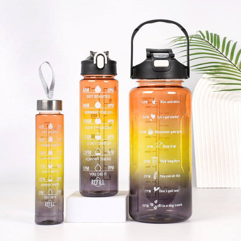 3-in-1 Gradient Color Motivational Water Bottles Set – 64oz/32oz/15oz BPA-Free Sports Bottles with Straw & Phone Holder