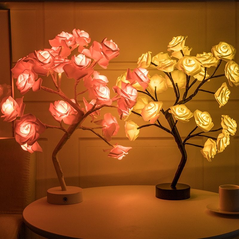 Rose Flower LED Table Lamp – USB & Battery Powered Night Light Tree for Bedroom & Home Decor