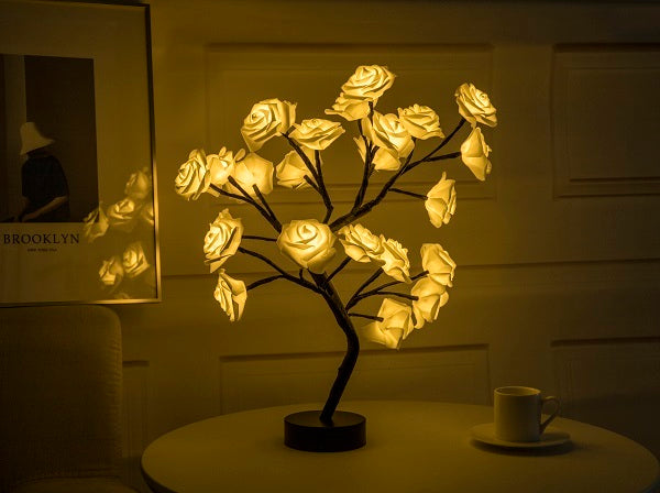 Rose Flower LED Table Lamp – USB & Battery Powered Night Light Tree for Bedroom & Home Decor