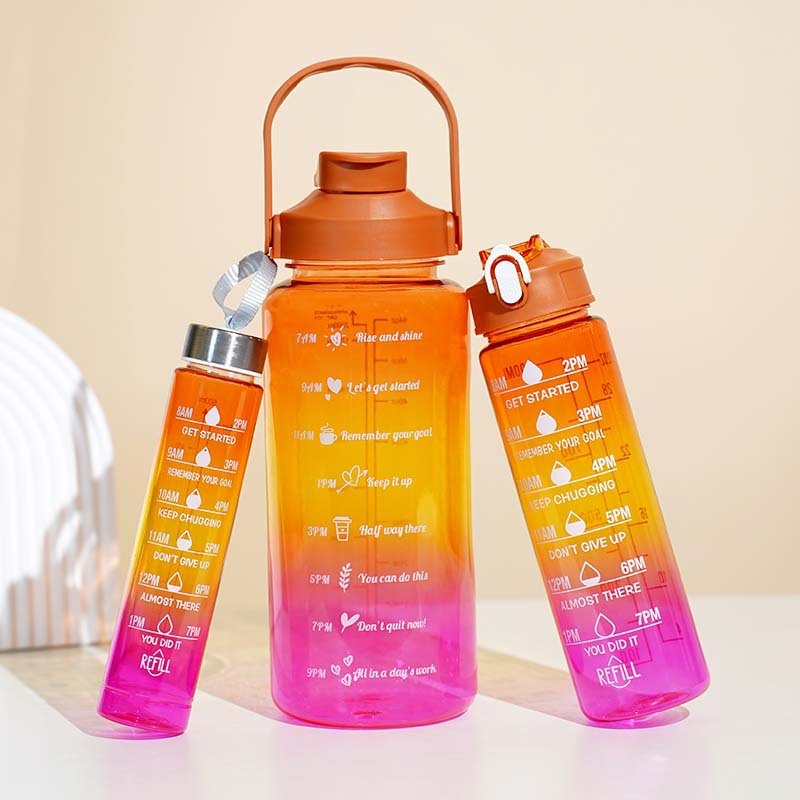3-in-1 Gradient Color Motivational Water Bottles Set – 64oz/32oz/15oz BPA-Free Sports Bottles with Straw & Phone Holder