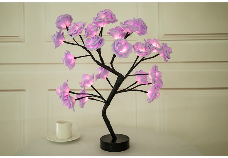 Rose Flower LED Table Lamp – USB & Battery Powered Night Light Tree for Bedroom & Home Decor