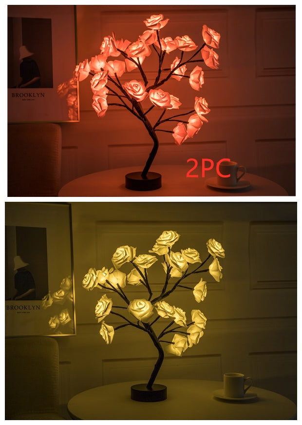 Rose Flower LED Table Lamp – USB & Battery Powered Night Light Tree for Bedroom & Home Decor