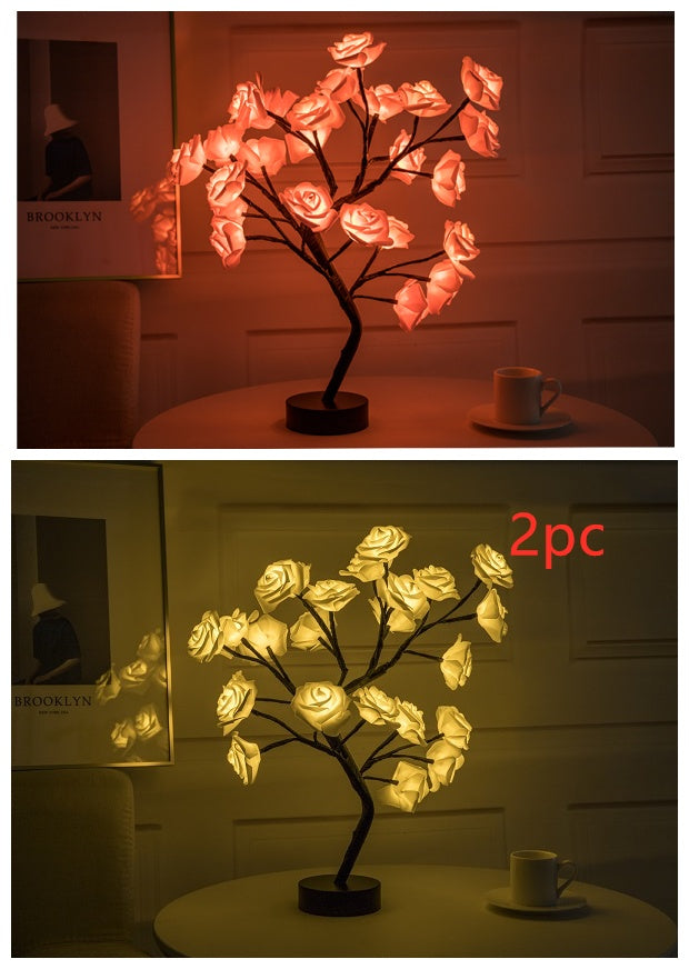 Rose Flower LED Table Lamp – USB & Battery Powered Night Light Tree for Bedroom & Home Decor