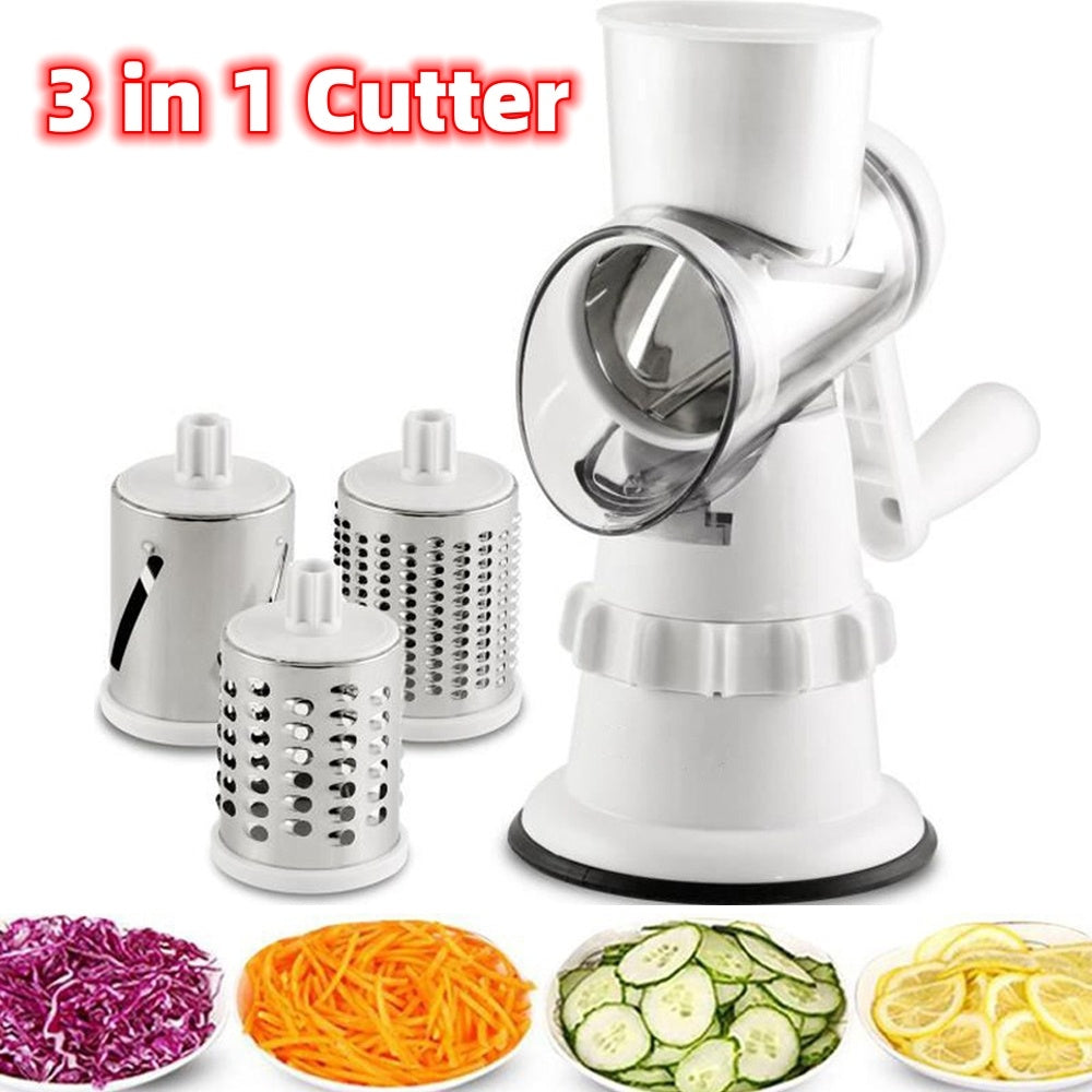 3-in-1 Manual Vegetable Slicer – Rotary Grater, Chopper, Mandoline Shredder for Kitchen (BPA-Free)
