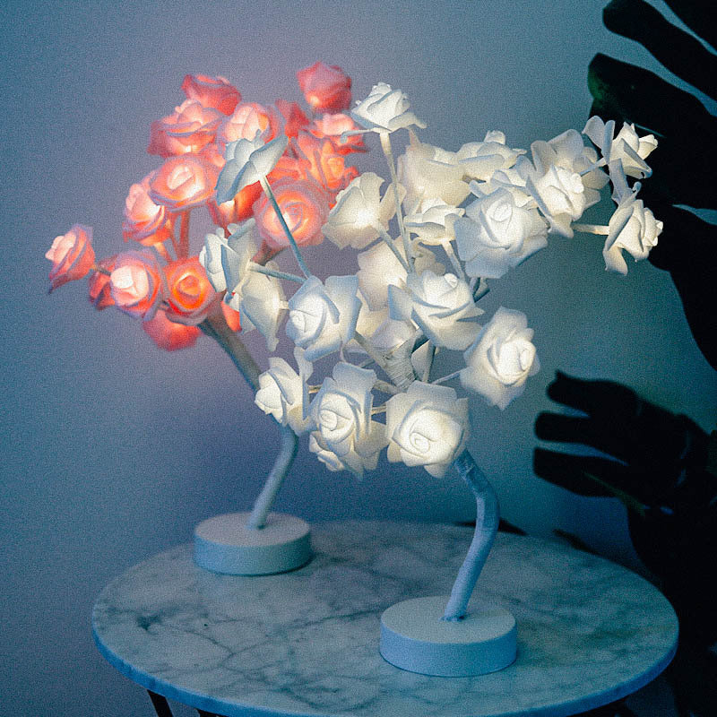 Rose Flower LED Table Lamp – USB & Battery Powered Night Light Tree for Bedroom & Home Decor