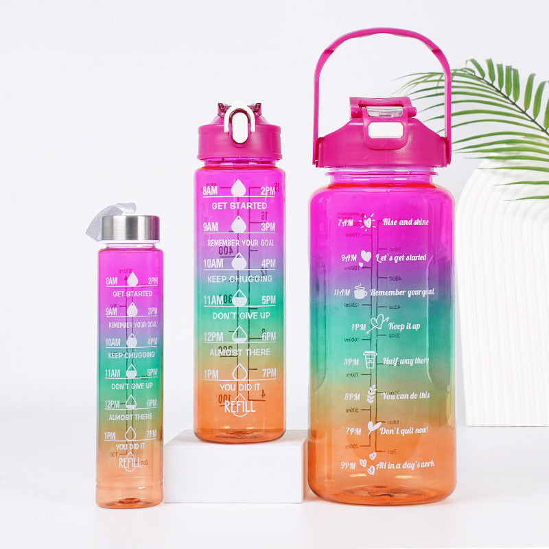 3-in-1 Gradient Color Motivational Water Bottles Set – 64oz/32oz/15oz BPA-Free Sports Bottles with Straw & Phone Holder