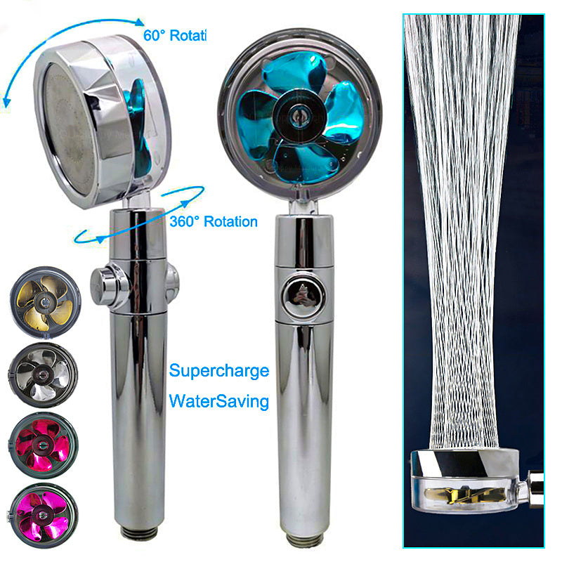 Water-Saving 360° Rotating Shower Head with High-Pressure Spray & Built-in Fan – ABS Chrome Bathroom Accessory