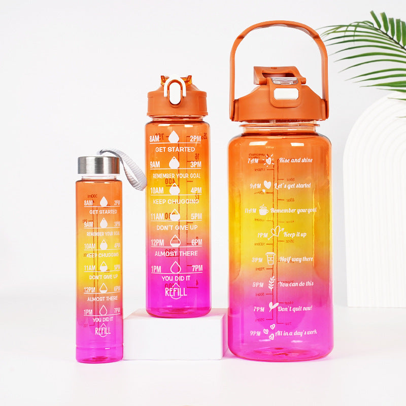 3-in-1 Gradient Color Motivational Water Bottles Set – 64oz/32oz/15oz BPA-Free Sports Bottles with Straw & Phone Holder