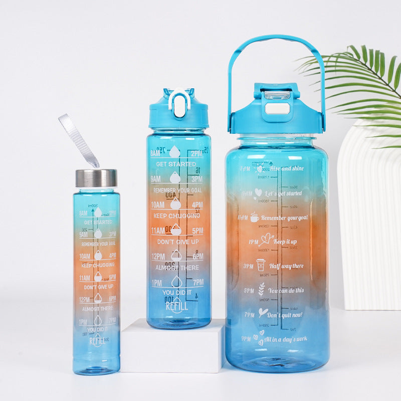 3-in-1 Gradient Color Motivational Water Bottles Set – 64oz/32oz/15oz BPA-Free Sports Bottles with Straw & Phone Holder