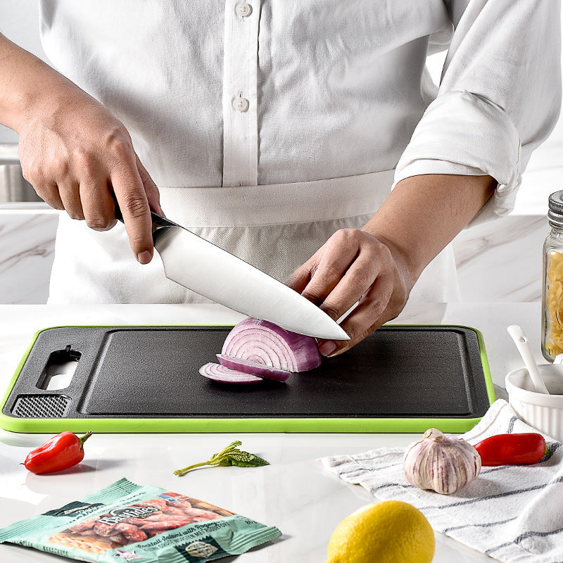 Double-Sided Cutting Board with Defrosting Tray & Knife Sharpener – Garlic Grinder & Hanging Storage