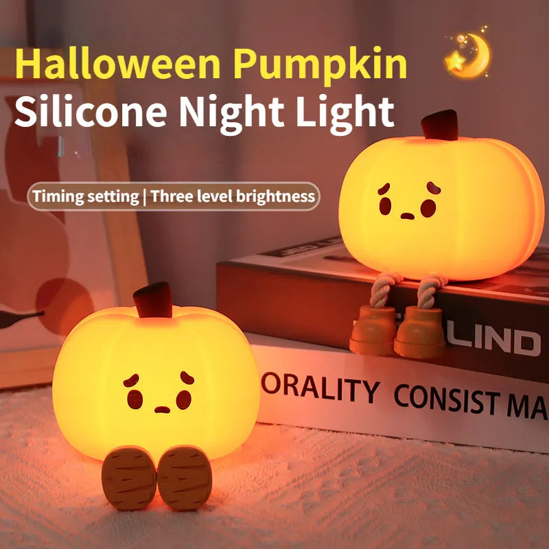 Halloween Pumpkin Night Light – Soft Silicone Touch Lamp, Rechargeable & Dimmable Bedside Decor