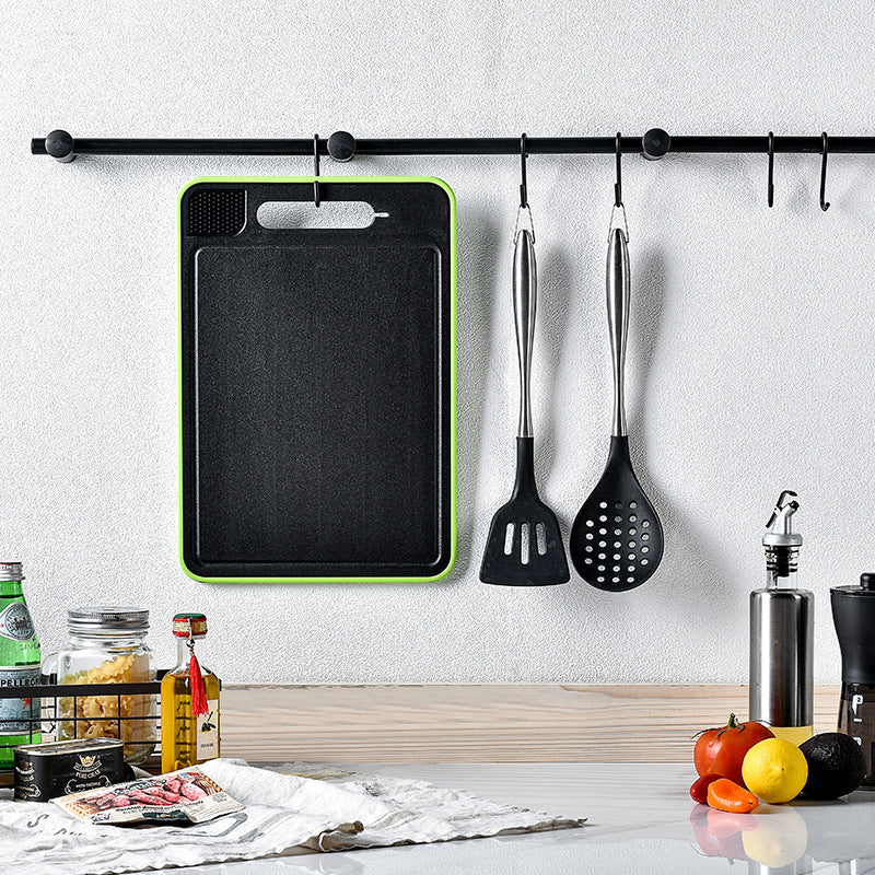 Double-Sided Cutting Board with Defrosting Tray & Knife Sharpener – Garlic Grinder & Hanging Storage