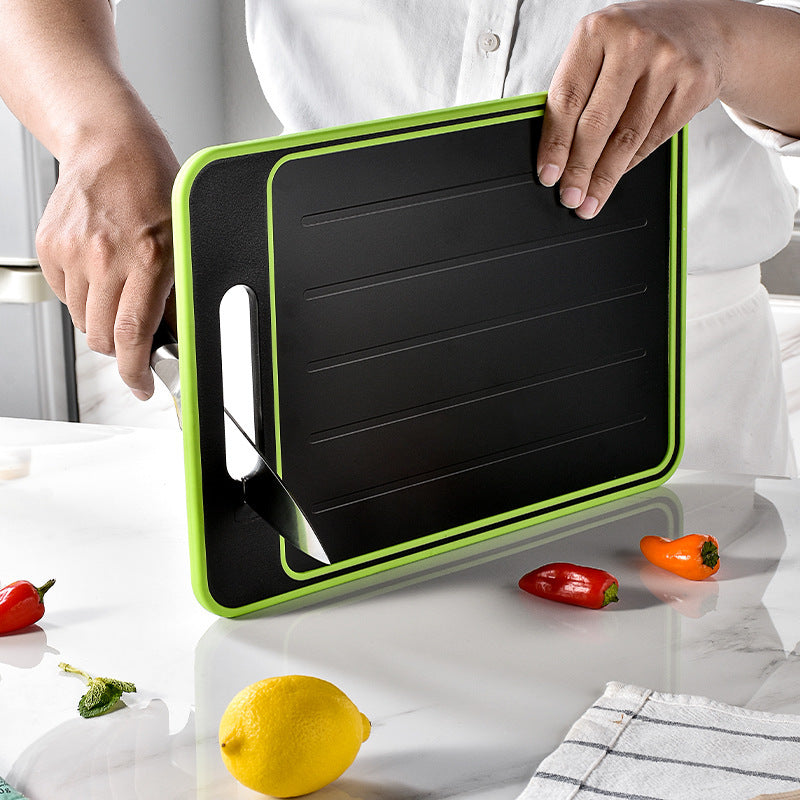 Double-Sided Cutting Board with Defrosting Tray & Knife Sharpener – Garlic Grinder & Hanging Storage