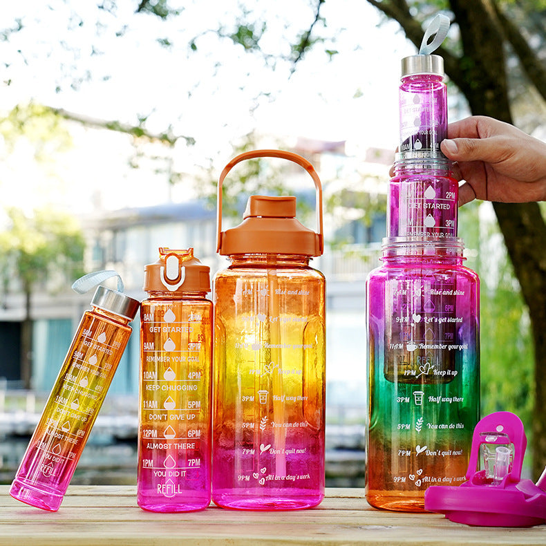 3-in-1 Gradient Color Motivational Water Bottles Set – 64oz/32oz/15oz BPA-Free Sports Bottles with Straw & Phone Holder